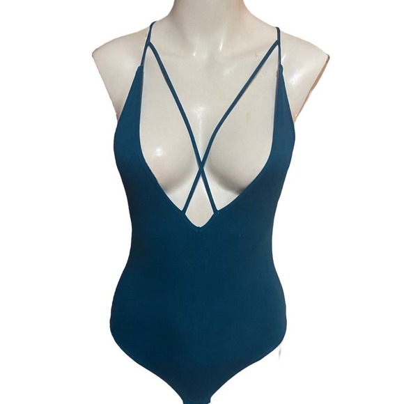 Sam Edelman Moroccan Blue Plunge Strappy Bodysuit Size S fits like XS - Picture 2 of 9